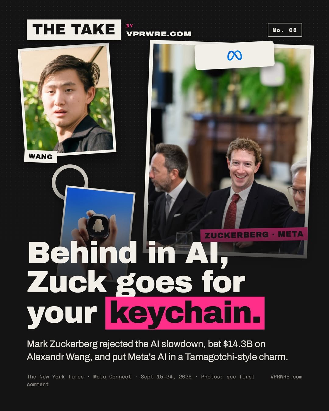 Cover card of the @vprwre carousel: Behind in AI, Zuck goes for your keychain.