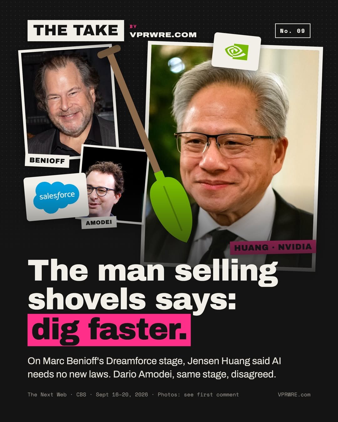 Cover card of the @vprwre carousel: The man selling shovels says: dig faster.